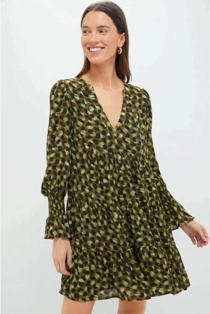 Tuckernuck Pomander Place Kenzo Tiered V-Neck Mini Dress in Green Pattern XL